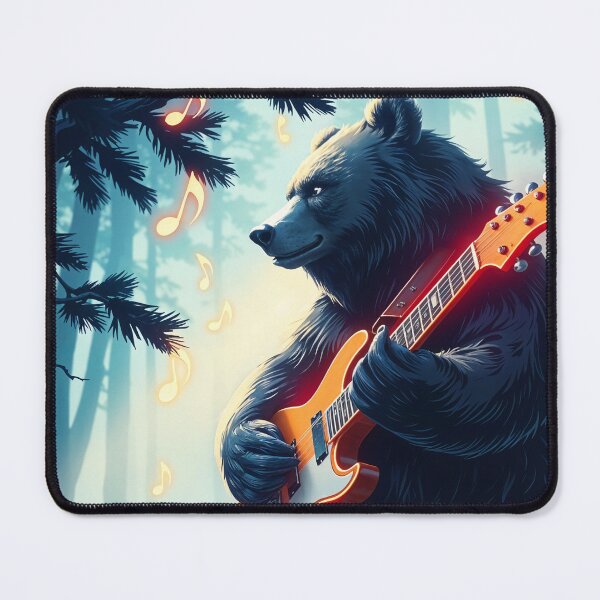 Item preview, Bear playing an electric guitar with a rock band in the forest, musical notes floating around, neon glow colors designed and sold by inkadventure.