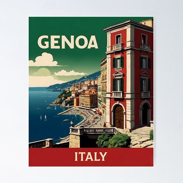 Aperçu de l'œuvre Affiche touristique vintage de Gênes en Italie créée et vendue par TravelersGems.