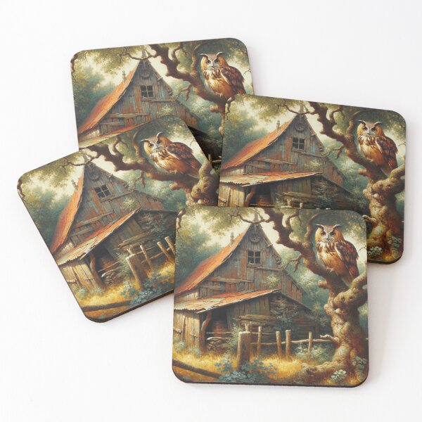 Item preview, "Majestic Owl Overlooking a Rustic Barn in the Woods" designed and sold by mustardseed-410.