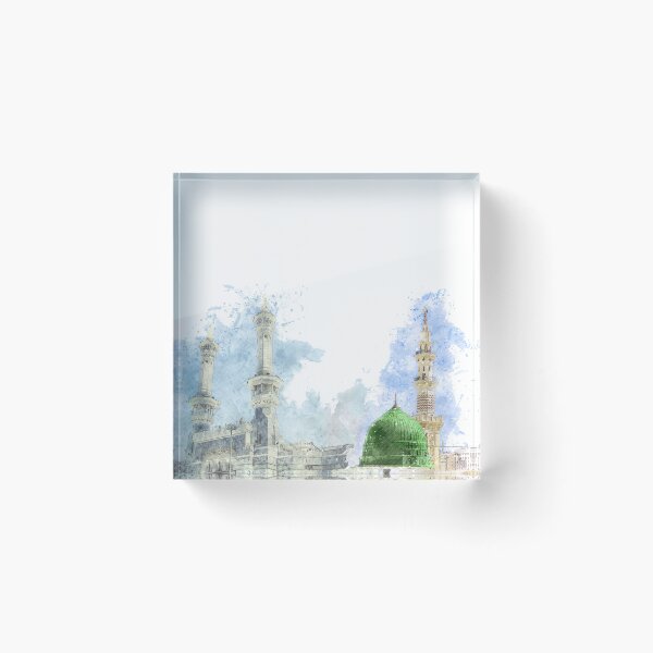 Item preview, View of Masjid al Haram in Makkah and Prophet Mosque in Madinah | Masjid an Nabwi | Watercolor Islamic Wall art designed and sold by Pink Pastel Studio.