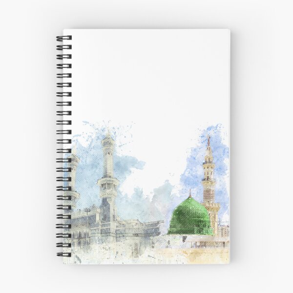 Artikelvorschau, Blick auf die Masjid al Haram in Mekka und die Prophetenmoschee in Medina | Masjid an Nabwi | Islamische Wandkunst in Aquarell entworfen und verkauft von Pink Pastel Studio.