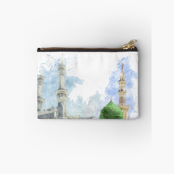 Item preview, Vista de la mezquita Masjid al Haram en La Meca y la mezquita del Profeta en Medina | Masjid an Nabwi | Arte mural islámico en acuarela designed and sold by Pink Pastel Studio.