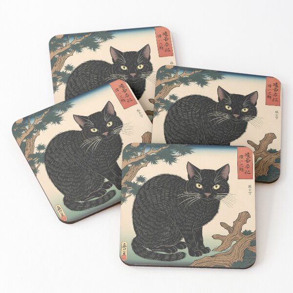 Item preview, ukiyo-e BLACK CAT JAPANESE traditional artwork drawing designed and sold by Catophile.