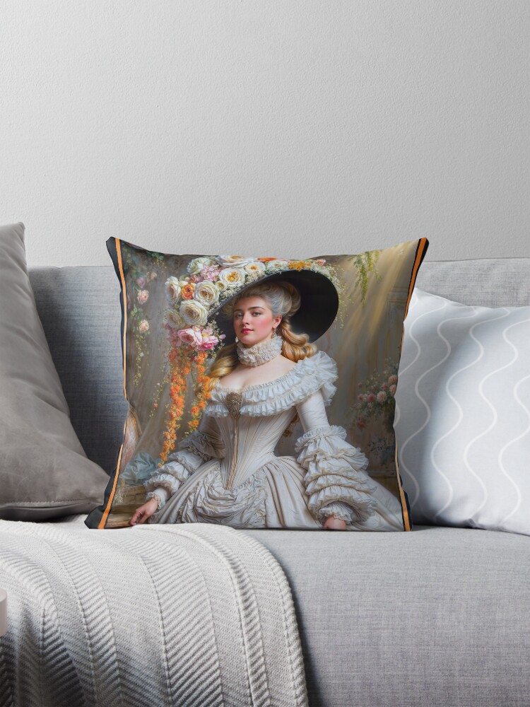 Portrait Of An Exquisite Victorian Woman In Opulent Attire And Floral Wide Brimmed Hat AI Concept Art by Xzendor7 | Beauty Of A Bygone Era 4 Portrait Of An Exquisite Victorian Woman In Opulent Attire And Floral Wide Brimmed Hat Breathtaking AI Concept Art by Xzendor7 Decorative Art Print Throw Pillow