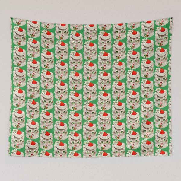 Item preview, Vintage Merry Christmas Cat In Christmas Hat With White Poinsettia  designed and sold by yellowcat2019.