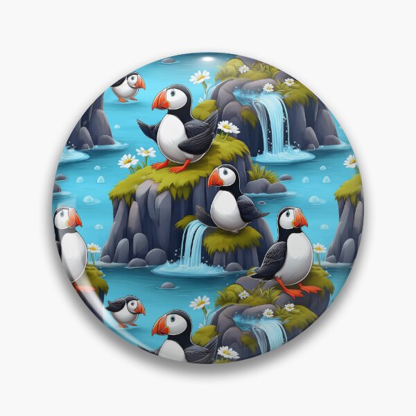 Item preview, Puffin Plunge: A playful pattern featuring puffins diving and splashing in a waterfall, surrounded by lush greenery and vibrant flowers. designed and sold by Camel & Quirk.