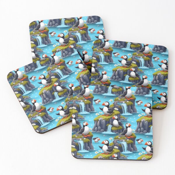 Item preview, Puffin Plunge: A playful pattern featuring puffins diving and splashing in a waterfall, surrounded by lush greenery and vibrant flowers. designed and sold by Grang Art Artistic Designs.