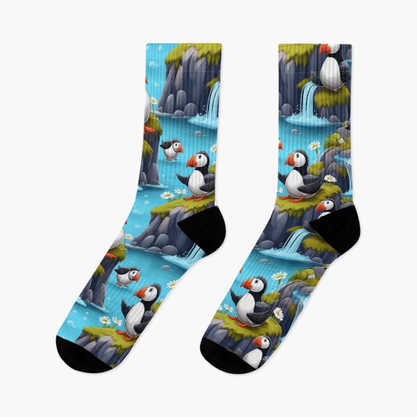 Item preview, Puffin Plunge: A playful pattern featuring puffins diving and splashing in a waterfall, surrounded by lush greenery and vibrant flowers. designed and sold by Grang Art Artistic Designs.