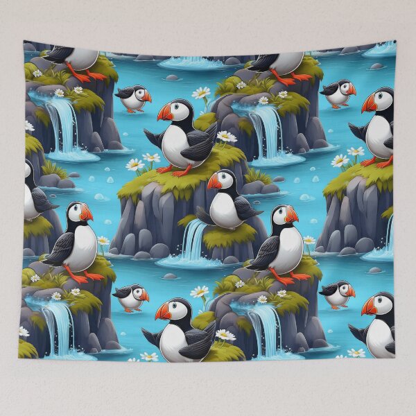 Item preview, Puffin Plunge: A playful pattern featuring puffins diving and splashing in a waterfall, surrounded by lush greenery and vibrant flowers. designed and sold by Grang Art Artistic Designs.
