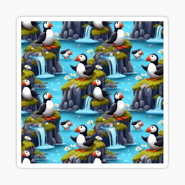 Puffin Plunge: A playful pattern featuring puffins diving and splashing in a waterfall, surrounded by lush greenery and vibrant flowers. Sticker