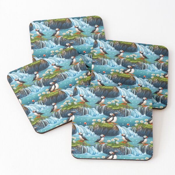 Item preview, Puffin Peace: A peaceful pattern with puffins meditating by the waterfall, finding inner peace and tranquility. designed and sold by Grang Art Artistic Designs.