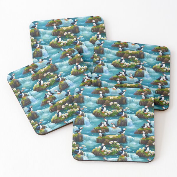 Item preview, Puffin Paradise: A tropical pattern with puffins relaxing on a waterfall in a lush, tropical paradise. designed and sold by Grang Art Artistic Designs.