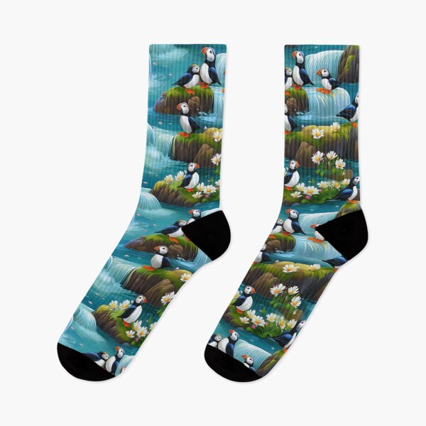 Item preview, Puffin Paradise: A tropical pattern with puffins relaxing on a waterfall in a lush, tropical paradise. designed and sold by Grang Art Artistic Designs.