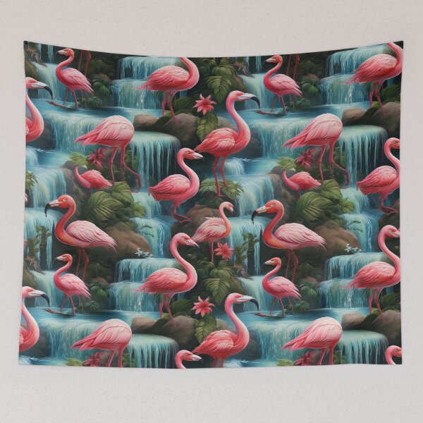 Item preview, Flamboyance of Flamingos: A stylish and sophisticated pattern with flamingos striking elegant poses, surrounded by exotic flowers and water. designed and sold by Grang Art Artistic Designs.