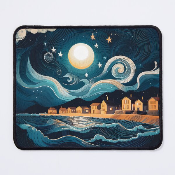 Item preview, A whimsical and dreamlike coastal design. The sky is awash with swirling stars and a full moon, while the houses on the shore are rendered in simple, stylized shapes. designed and sold by HEMRO.