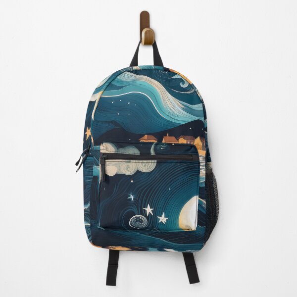 Item preview, A whimsical and dreamlike coastal design. The sky is awash with swirling stars and a full moon, while the houses on the shore are rendered in simple, stylized shapes. designed and sold by HEMRO.