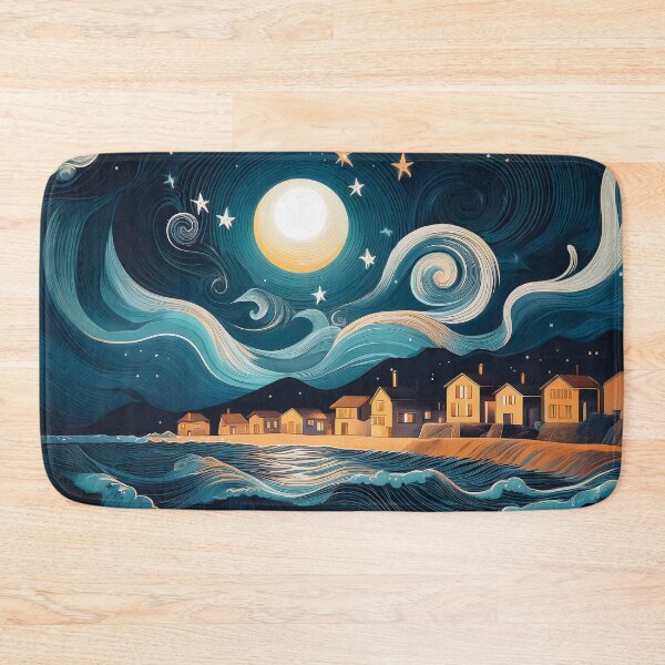 Item preview, A whimsical and dreamlike coastal design. The sky is awash with swirling stars and a full moon, while the houses on the shore are rendered in simple, stylized shapes. designed and sold by HEMRO.