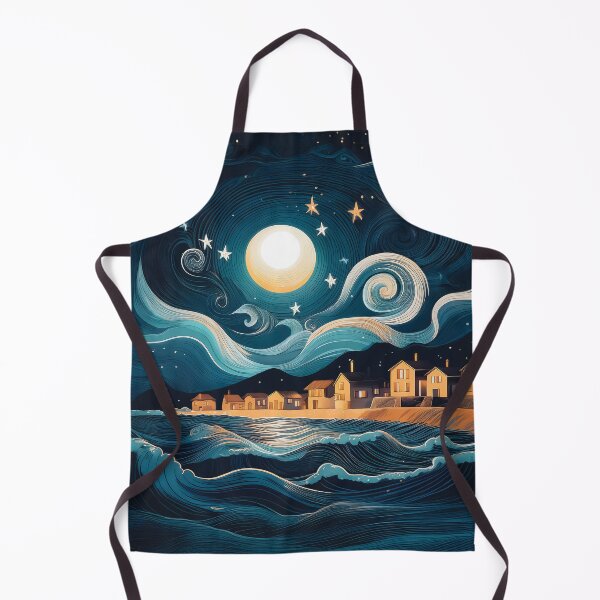 Item preview, A whimsical and dreamlike coastal design. The sky is awash with swirling stars and a full moon, while the houses on the shore are rendered in simple, stylized shapes. designed and sold by HEMRO.