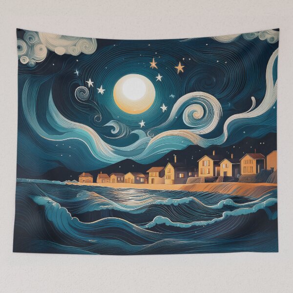 Item preview, A whimsical and dreamlike coastal design. The sky is awash with swirling stars and a full moon, while the houses on the shore are rendered in simple, stylized shapes. designed and sold by HEMRO.