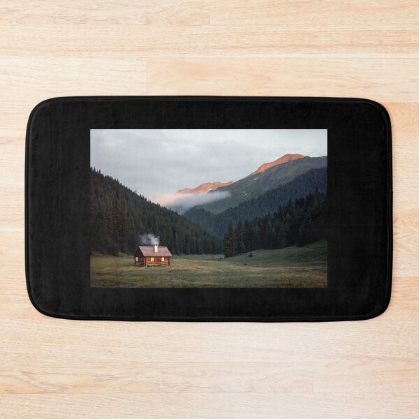 Item preview, Lone Cabin in Tranquil Mountain Wilderness at Dawn with Mist designed and sold by regnumsaturni.