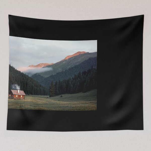 Item preview, Lone Cabin in Tranquil Mountain Wilderness at Dawn with Mist designed and sold by regnumsaturni.