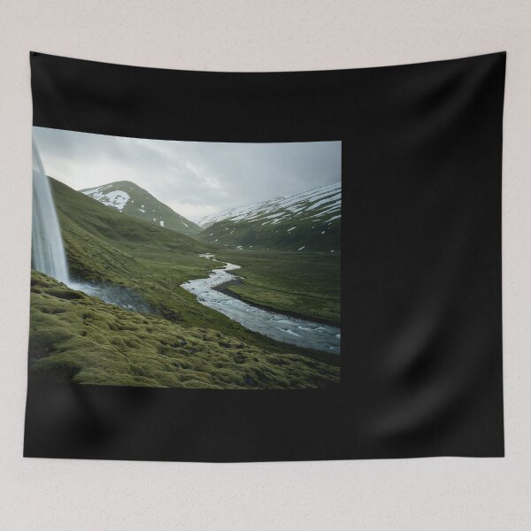 Item preview, Majestic Waterfall in Iceland: Nature's Serenity with Flowing River and Green Hills designed and sold by regnumsaturni.