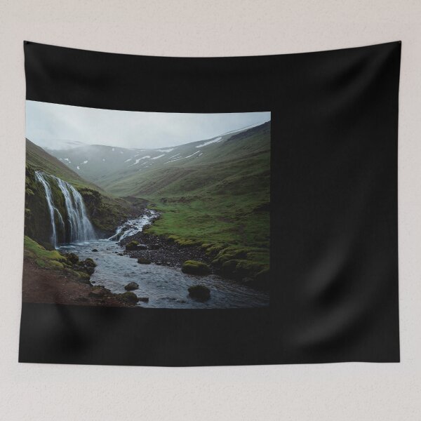 Item preview, Majestic Waterfall in Iceland Landscape with Green Hills designed and sold by regnumsaturni.