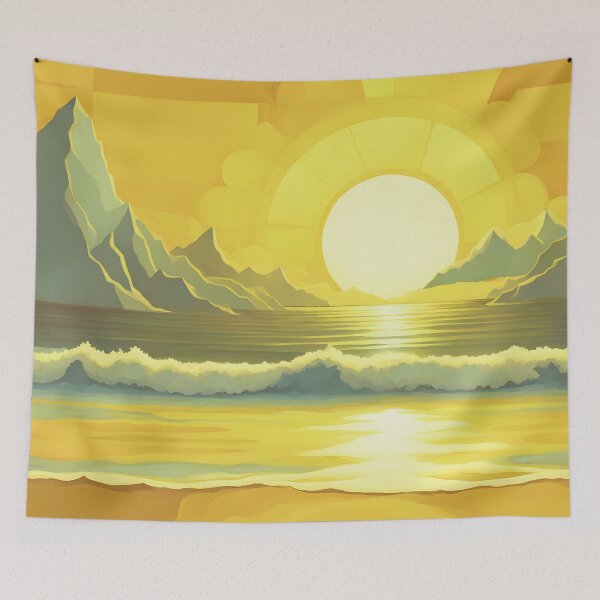 Item preview, Retro Sun Beach Ocean Mountains Sky AI Art 4 of 4 designed and sold by Beachy.