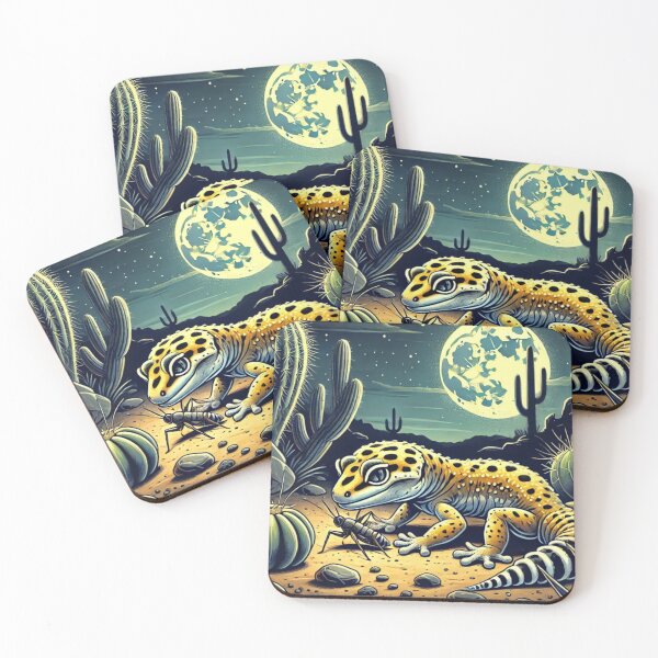 Item preview, Leopard Gecko Hunting Cricket in Moonlit Desert designed and sold by NocturnalNook.