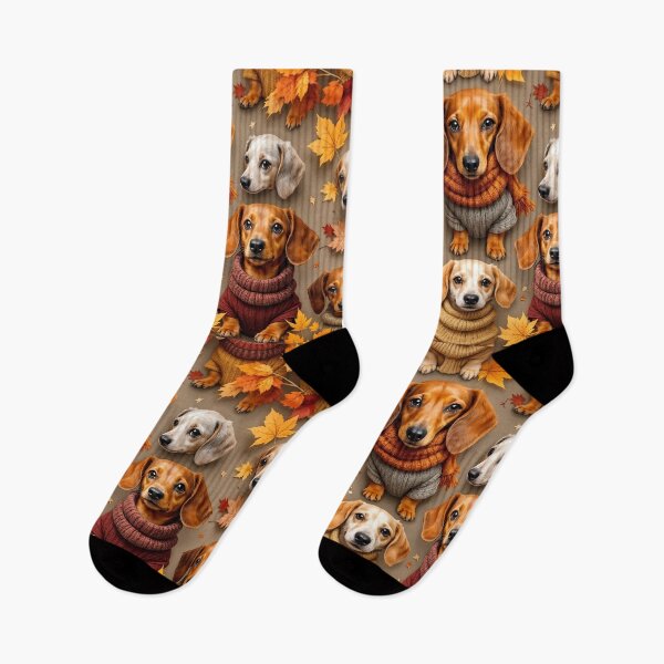 Item preview, A fun 3D pattern background featuring playful Dachshunds dressed in cozy sweaters and scarves, surrounded by autumn leaves, perfect for fall-themed pet designs and dog lover projects. designed and sold by AlwaysHome.