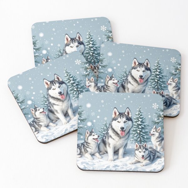 Item preview, A playful 3D pattern background featuring Siberian Huskies playing in the snow, surrounded by snowflakes and pine trees, perfect for winter-themed pet designs and dog lover projects. designed and sold by AlwaysHome.