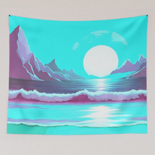 Item preview, Retro Moon Ocean Beach Mountains Sky AI Art 1 of 4 designed and sold by Beachy.