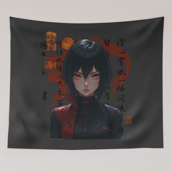Item preview, Anime Female in Black & Red Suit with Kanji & Koi designed and sold by InkdGraphix.