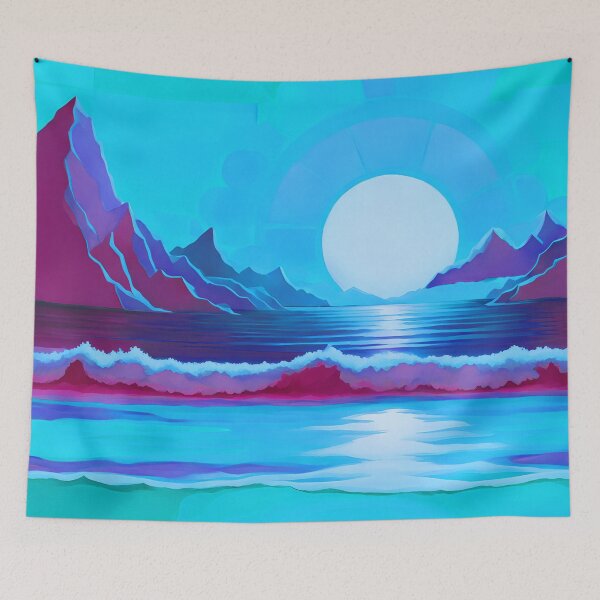 Item preview, Retro Moon Ocean Beach Mountains Sky AI Art 2 of 4 designed and sold by Beachy.