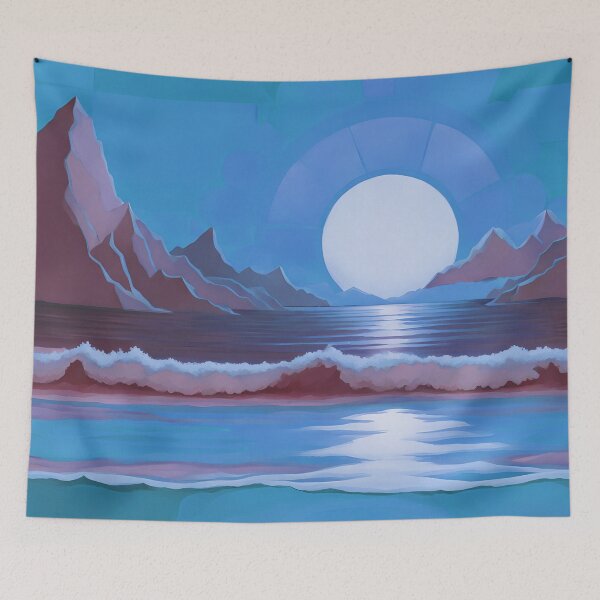 Item preview, Retro Moon Ocean Beach Mountains Sky AI Art 3 of 4 designed and sold by Beachy.
