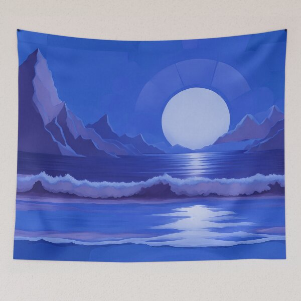 Item preview, Retro Moon Ocean Beach Mountains Sky AI Art 4 of 4 designed and sold by Beachy.