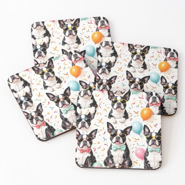 Item preview, A fun 3D pattern background featuring playful Boston Terriers with bow ties and sunglasses, surrounded by confetti and balloons, perfect for dog-themed party designs and pet celebrations. designed and sold by AlwaysHome.