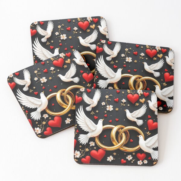Item preview, A luxurious 3D pattern featuring gold intertwined rings, white doves, and red hearts, symbolizing eternal love and commitment, perfect for wedding announcements and elegant invitations. designed and sold by AlwaysHome.