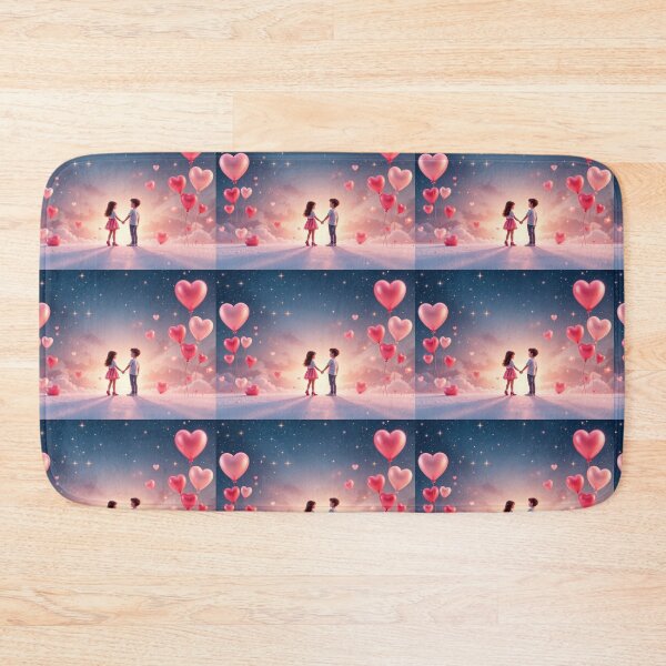 Item preview, A romantic 3D background featuring a young boy and girl holding hands under a starry sky, surrounded by heart-shaped balloons, perfect for love-themed designs, invitations, or romantic graphics. designed and sold by AlwaysHome.