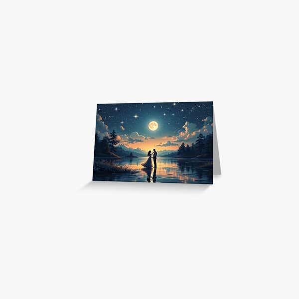 Item preview, A stunning 3D background of a couple dancing under the stars, with a shimmering lake reflecting the moonlight, ideal for wedding invitations and romantic getaways. designed and sold by AlwaysHome.
