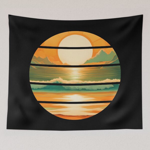 Item preview, Retro Sun Beach Ocean Mountains Sky AI Art - Orange designed and sold by Beachy.