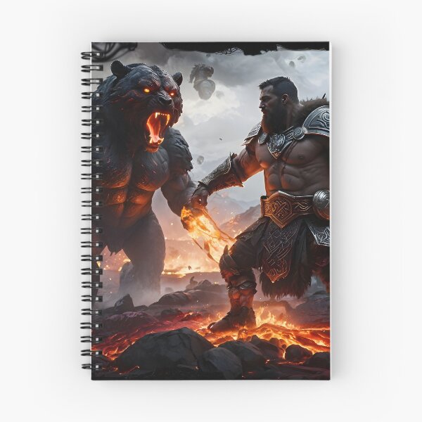 Item preview, Epic battle between warrior and beast in a fiery hellscape designed and sold by Sascha-Heiko.
