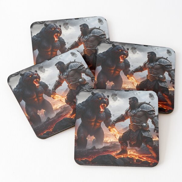 Item preview, Epic battle between warrior and beast in a fiery hellscape designed and sold by Sascha-Heiko.