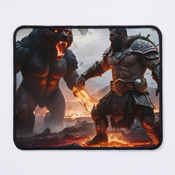 Item preview, Epic battle between warrior and beast in a fiery hellscape designed and sold by Sascha-Heiko.