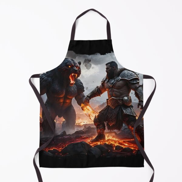 Item preview, Epic battle between warrior and beast in a fiery hellscape designed and sold by Sascha-Heiko.