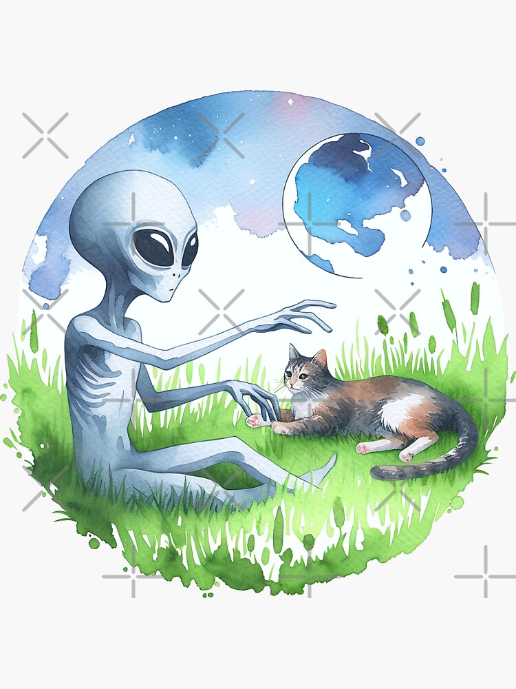 Thumbnail 3 von 3, Sticker, Alien spielt mit Katze designt und verkauft von Kobeko.