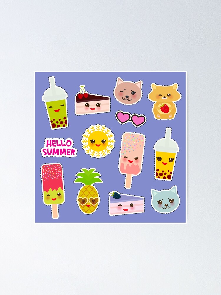 Hello Summer bright tropical seamless pattern, stickers. Pineapple, cherry  smoothie cup, ice cream, sun, cat, cake, hamster. Kawaii cute face.   Poster for Sale by EkaterinaP