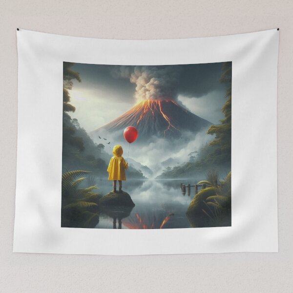 Item preview, Child with Red Balloon Watching Erupting Volcano in Surreal Landscape designed and sold by Aqmean.