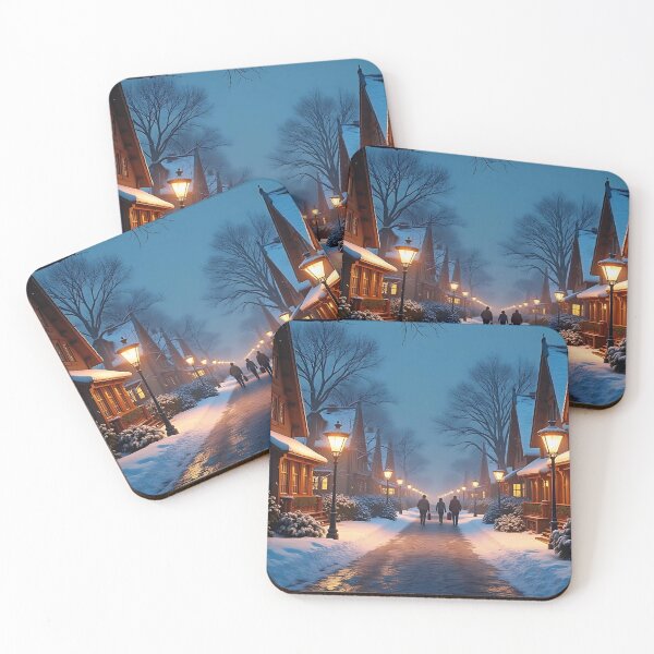 Item preview, Snowy village street with warm lights at dusk designed and sold by Koalangel.