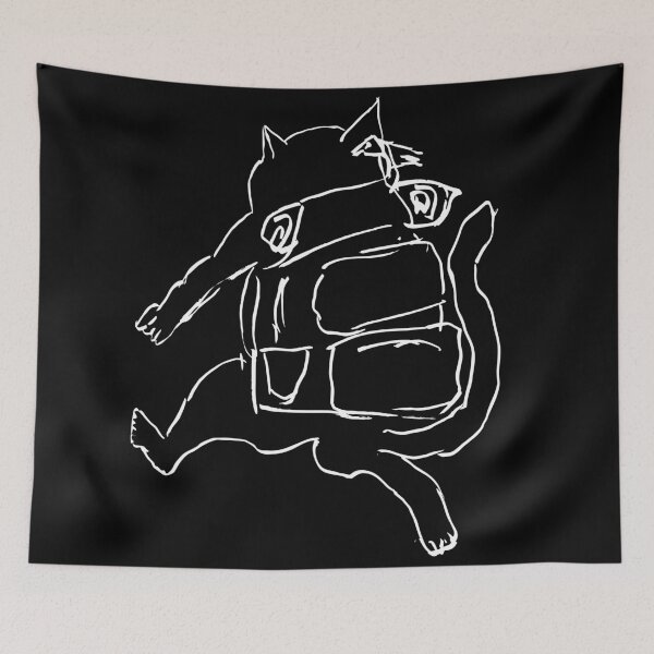 Item preview, Wandering Cat with his backpack running towards new adventures (white on black) designed and sold by Dina Akselrod.